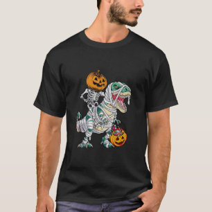 Skeleton Riding Mummy Dinosaur T Rex Halloween Spa T-Shirt