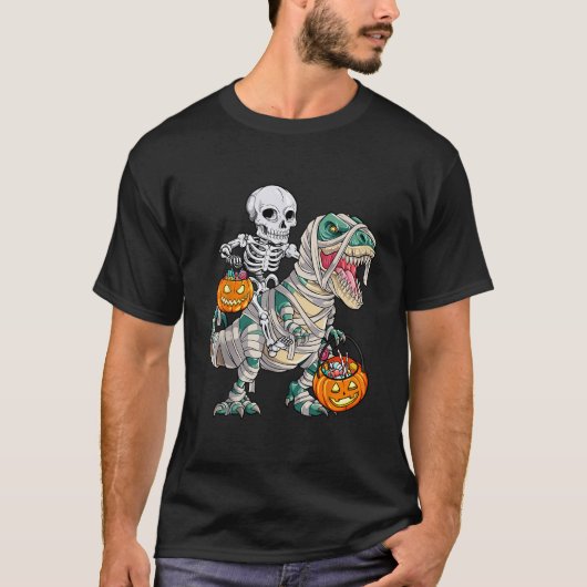Skeleton Riding Mummy Dinosaur T Rex Halloween Spa T-Shirt (Vorderseite)