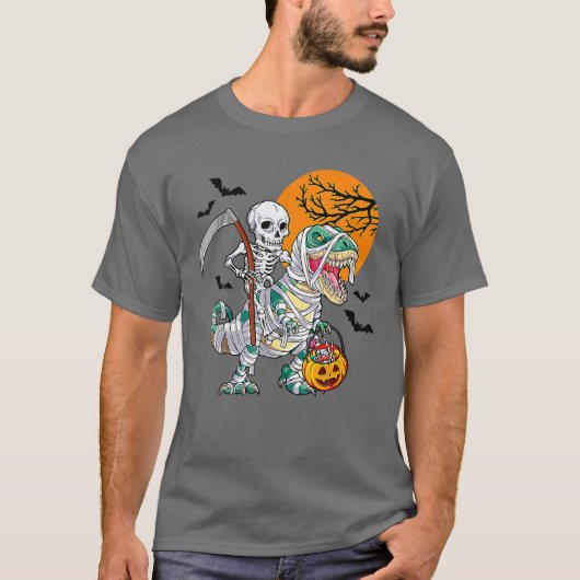Skeleton Riding Mummy Dinosaur T Rex Halloween Spa T-Shirt (Vorderseite)