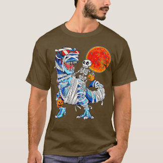 Skeleton Riding Mummy Dinosaur T Rex Halloween Spa T-Shirt