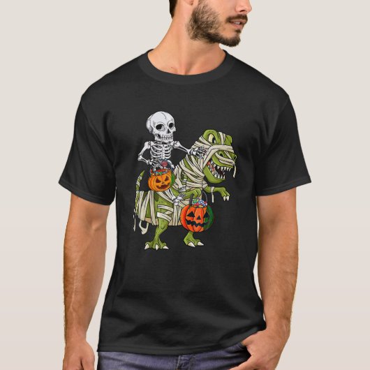 Skeleton Riding Mummy Dinosaur T rex Halloween Spa T-Shirt (Vorderseite)