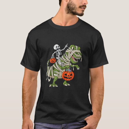 Skeleton Riding Mummy Dinosaur T Rex Halloween Spa T-Shirt (Vorderseite)