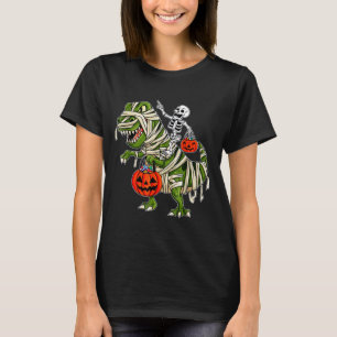 Skeleton Riding Mummy Dinosaur T rex Halloween Spa T-Shirt