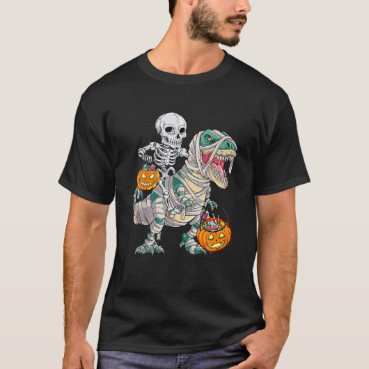 Skeleton Riding Mummy Dinosaur T Rex Halloween Spa T-Shirt (Vorderseite)