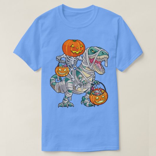 Skeleton Riding Mummy Dinosaur T rex Halloween Spa T-Shirt (Design vorne)