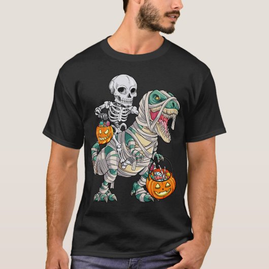 Skeleton Riding Mummy Dinosaur T Rex Halloween T-Shirt (Vorderseite)