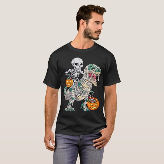 Skeleton Riding Mummy Dinosaur T Rex Halloween T-Shirt (Vorne ganz)