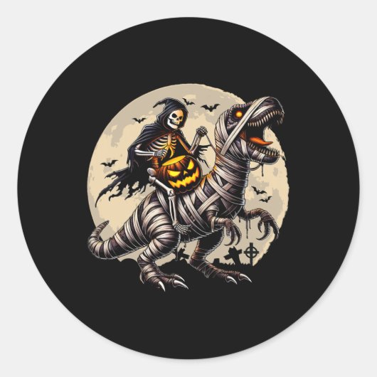 Skeleton Riding Mummy Dinosaur T Rex Pumpkin Funny Runder Aufkleber (Vorderseite)