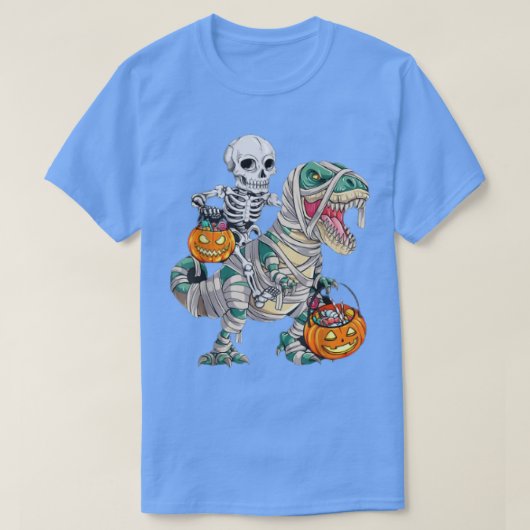 Skeleton Riding Mummy Dinosaur T rex Pumpkin Funny T-Shirt (Design vorne)