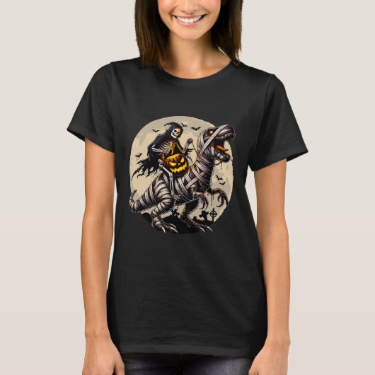 Skeleton Riding Mummy Dinosaur T Rex Pumpkin Funny T-Shirt (Vorderseite)