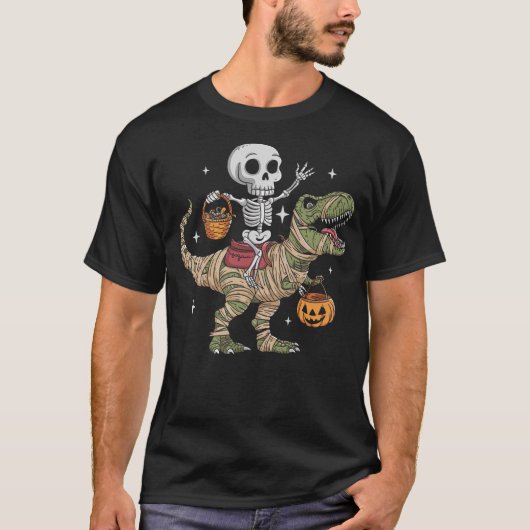 Skeleton Riding Mummy Dinosaur T Rex Pumpkin Happy T-Shirt (Vorderseite)