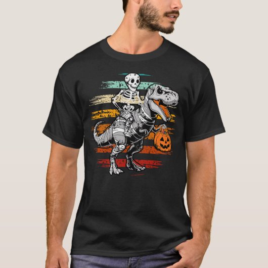 Skeleton Riding Mummy Dinosaur T rex Retro Hallowe T-Shirt (Vorderseite)