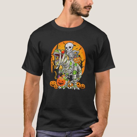 Skeleton Riding Mummy Dinosaurier rex Halloween Pu T-Shirt (Vorderseite)