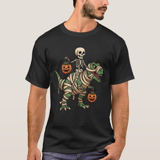 Skeleton Riding Mummy TRex Dinosaur Funny Hallowen T-Shirt (Vorderseite)