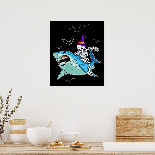 Skeleton Riding Shark Funny - Crazy Halloween Gesc Poster (Küche)