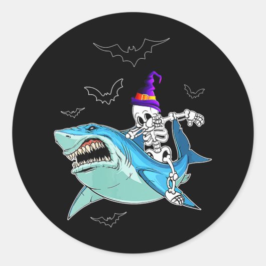 Skeleton Riding Shark Funny - Crazy Halloween Gesc Runder Aufkleber (Vorderseite)