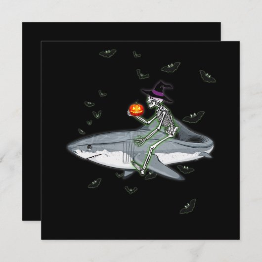 Skeleton Riding Shark - Funny Halloween Shark Gesc Einladung (Vorne/Hinten)
