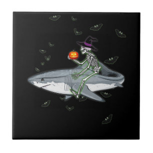 Skeleton Riding Shark - Funny Halloween Shark Gesc Fliese