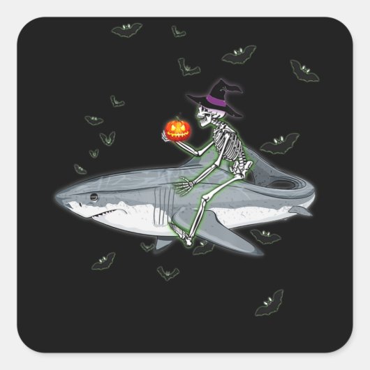 Skeleton Riding Shark - Funny Halloween Shark Gesc Quadratischer Aufkleber (Vorderseite)
