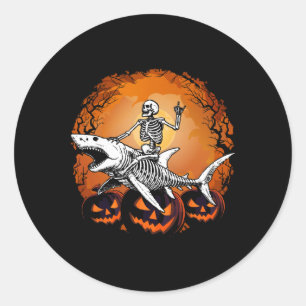 Skeleton Riding Shark Lazy Halloween Anzug Funny Runder Aufkleber