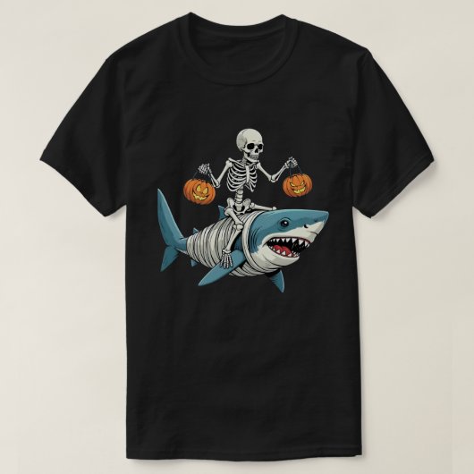 Skeleton Riding Shark Mummy Funny Halloween T-Shirt (Design vorne)
