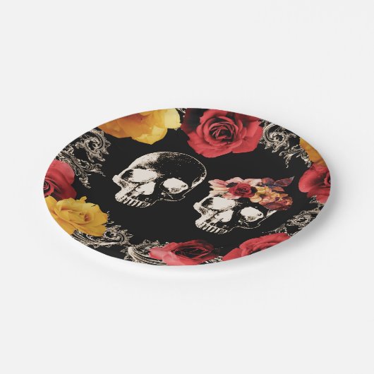 Skeleton Roter Gelber Fall Blumenhochzeit Pappteller (Schrägansicht)
