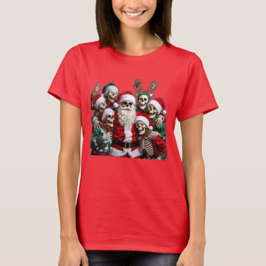 Skeleton Santa Christmas Group Photo – Festive 3D T-Shirt (Vorderseite)