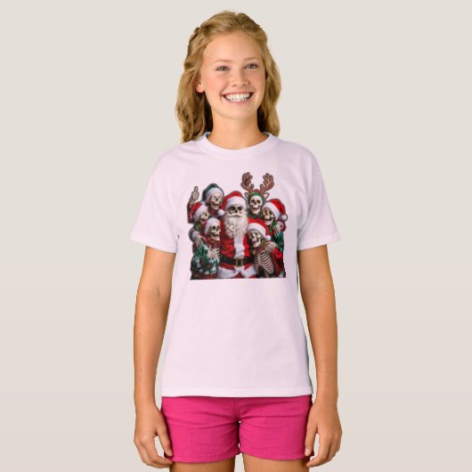 Skeleton Santa Christmas Group Photo – Festive 3D T-Shirt (Vorne ganz)