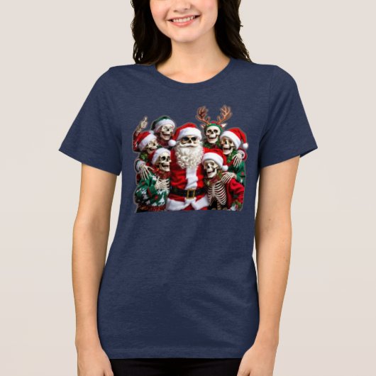 Skeleton Santa Christmas Group Photo – Festive 3D Tri-Blend Shirt (Vorderseite)
