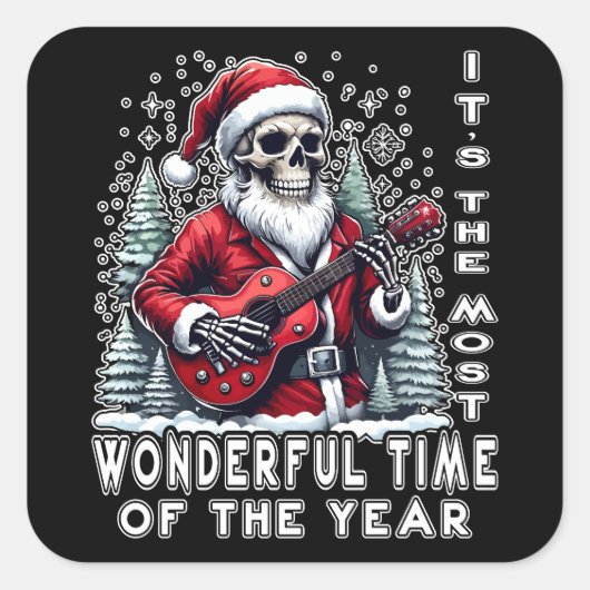 Skeleton Santa Guitar Black Background Quadratischer Aufkleber (Vorderseite)