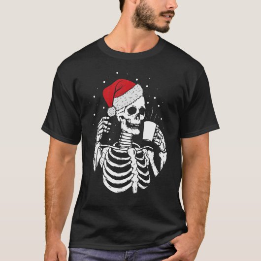 Skeleton Santa Hat Drinking Coffee Christmas T-Shirt (Vorderseite)