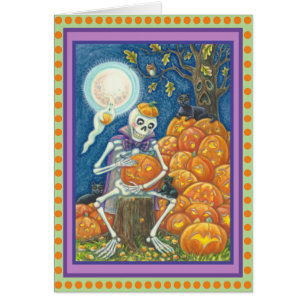SKELETON, SCHWARZE KATZEN, DIE PUMPKIN GREETING CA