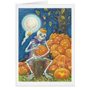 SKELETON, SCHWARZE KATZEN, DIE PUMPKIN GREETING CA