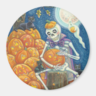 SKELETON, SCHWARZE KATZEN, DIE PUMPKINS ZURÜCKFÜHR MAGNET