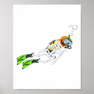 Skeleton Scuba Diving Halloween Pumpkin Diver Poster
