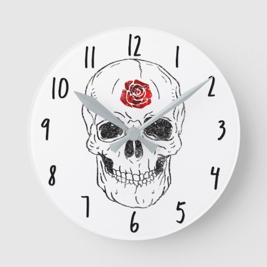 Skeleton Skull Bones Black & Red Rose Glitter Runde Wanduhr (Vorderseite)