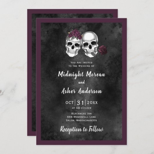 Skeleton Skull Couple Rose Gothic Wedding Einladung (Vorne/Hinten)
