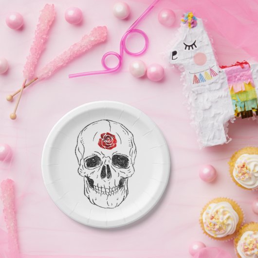 Skeleton Skull Knochen Schwarz & Rote Rose Glitzer Pappteller (Party)