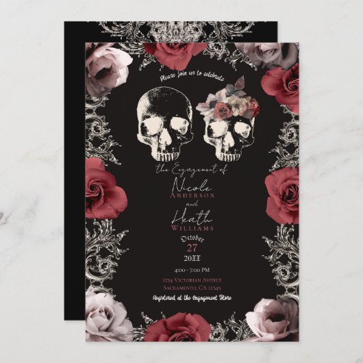 Skeleton Skull Mauve Dusty Rose Gotische Verlobung Einladung (Vorne/Hinten)