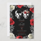 Skeleton Skull Red White Roses Gothic Wedding Einladung (Vorderseite)
