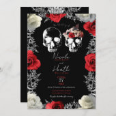Skeleton Skull Red White Roses Gothic Wedding Einladung (Vorne/Hinten)