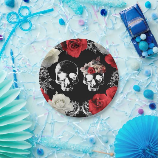 Skeleton Skull Red White Roses Gothic Wedding Pappteller (Party)