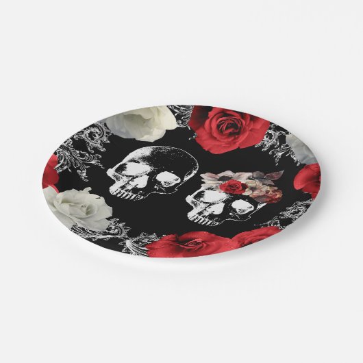 Skeleton Skull Red White Roses Gothic Wedding Pappteller (Schrägansicht)