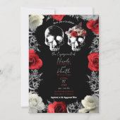 Skeleton Skull Rote Rosen Gothic Engagement Party Einladung (Vorderseite)