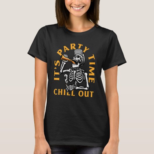 Skeleton Smoking & Drinking Beer It's Party Time C T-Shirt (Vorderseite)