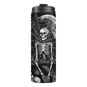Skeleton Spider Moon Web Black Halloween Thermosbecher