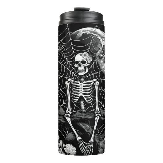 Skeleton Spider Moon Web Black Halloween Thermosbecher (Vorderseite)