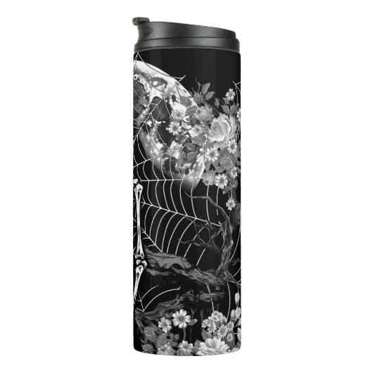 Skeleton Spider Moon Web Black Halloween Thermosbecher (Nach rechts gedreht)