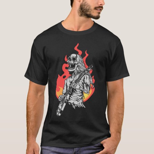Skeleton spielt elektrische Gitarre Flames Rock Mu T-Shirt (Vorderseite)