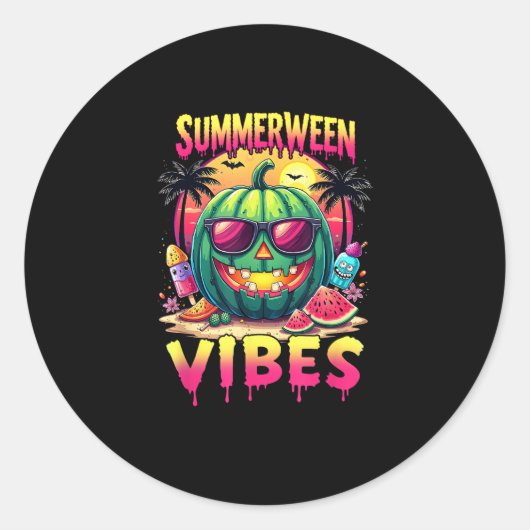 Skeleton Summer Summerween Vibes Watermelon Jack-O Runder Aufkleber (Vorderseite)
